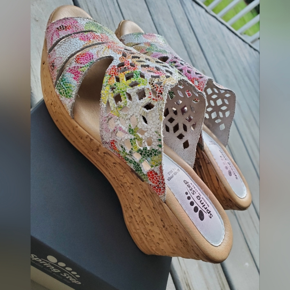 Spring Step Italian Genuine Leather Viniko White Multi Slip-on Wedge Sandals - Picture 8 of 14